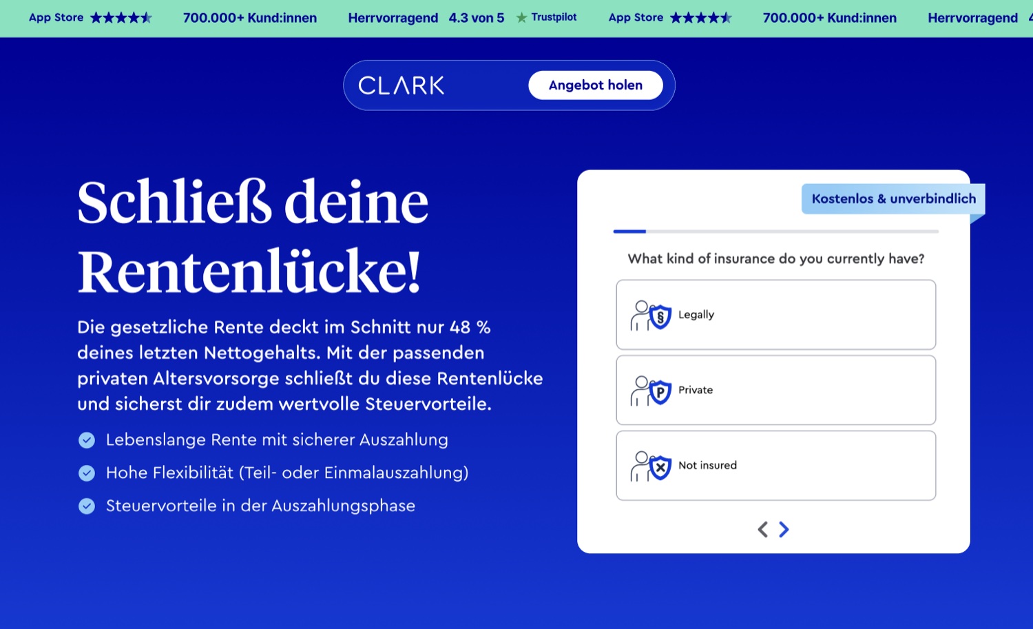 Altersvorsorge landing page — hero: 'Schließ deine Rentenlücke' with an interactive quiz