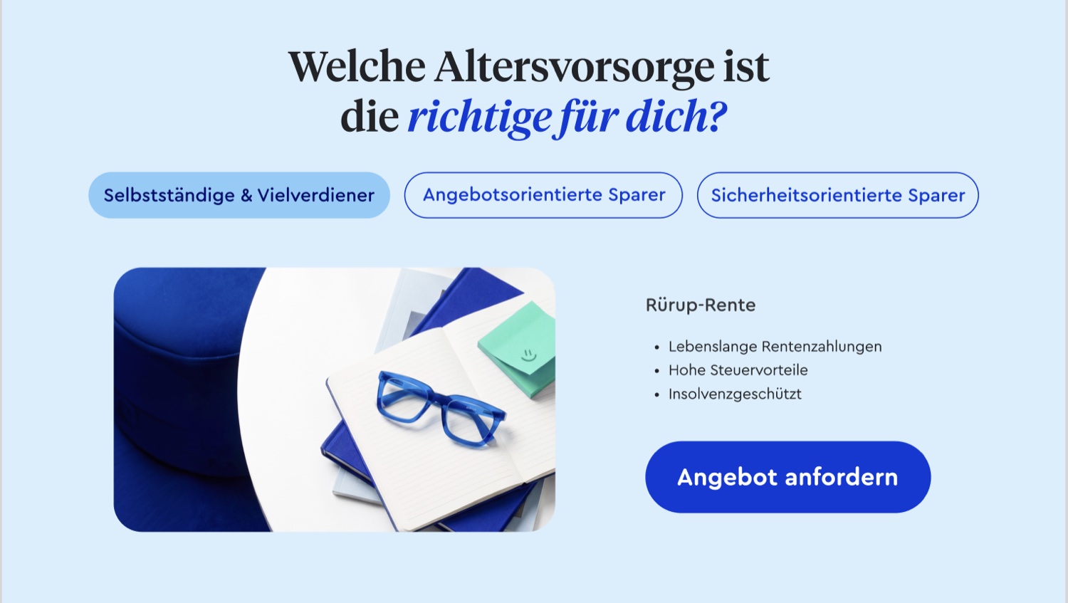 Altersvorsorge landing page — 'Welche Altersvorsorge ist die richtige für dich?' product-matching tabs