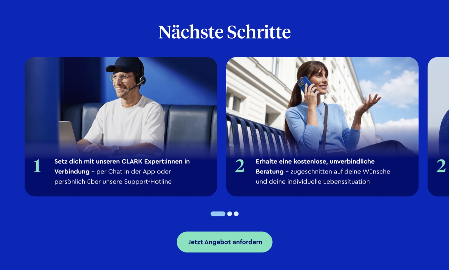 Altersvorsorge landing page — 'Nächste Schritte' step-by-step next actions