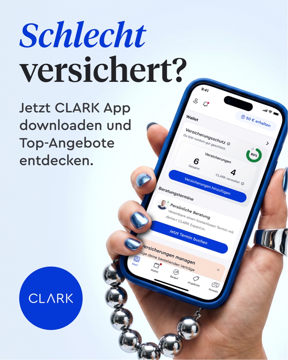 Meta feed ad — 'Schlecht versichert?' CLARK app-download creative, a hand holding the CLARK-blue phone