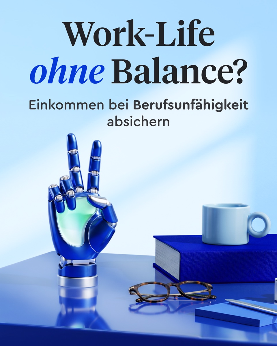 Meta feed ad — 'Work-Life ohne Balance?' disability insurance (Berufsunfähigkeit), 3D hand scene