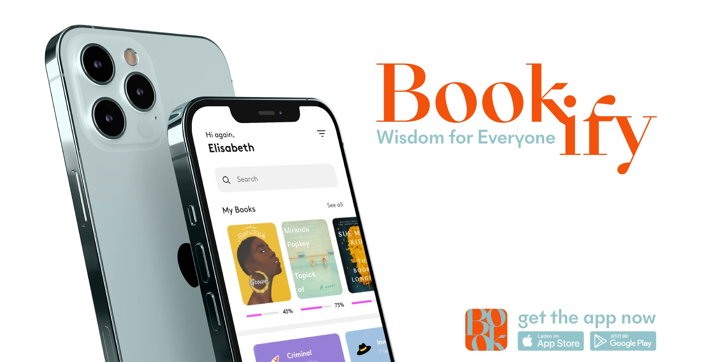 Bookify app on two phones with the logotype and app-store badges — a warm, editorial reading interface with a personalised home screen, curated collections and reading progress