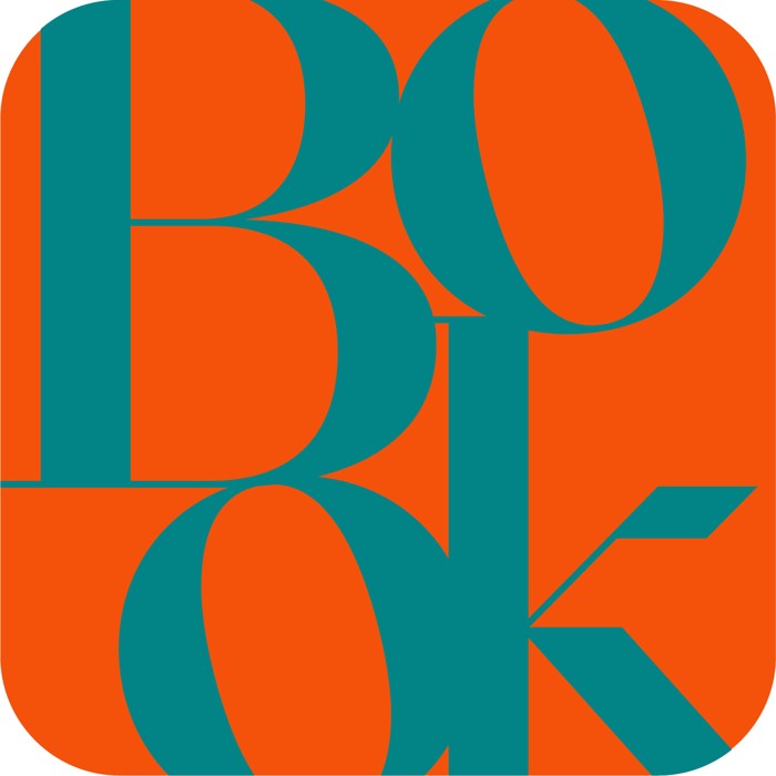 Bookify app icon — stacked BOOK monogram, teal on vermilion