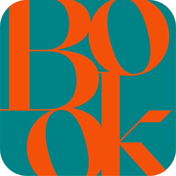 Bookify app icon — stacked BOOK monogram, vermilion on teal