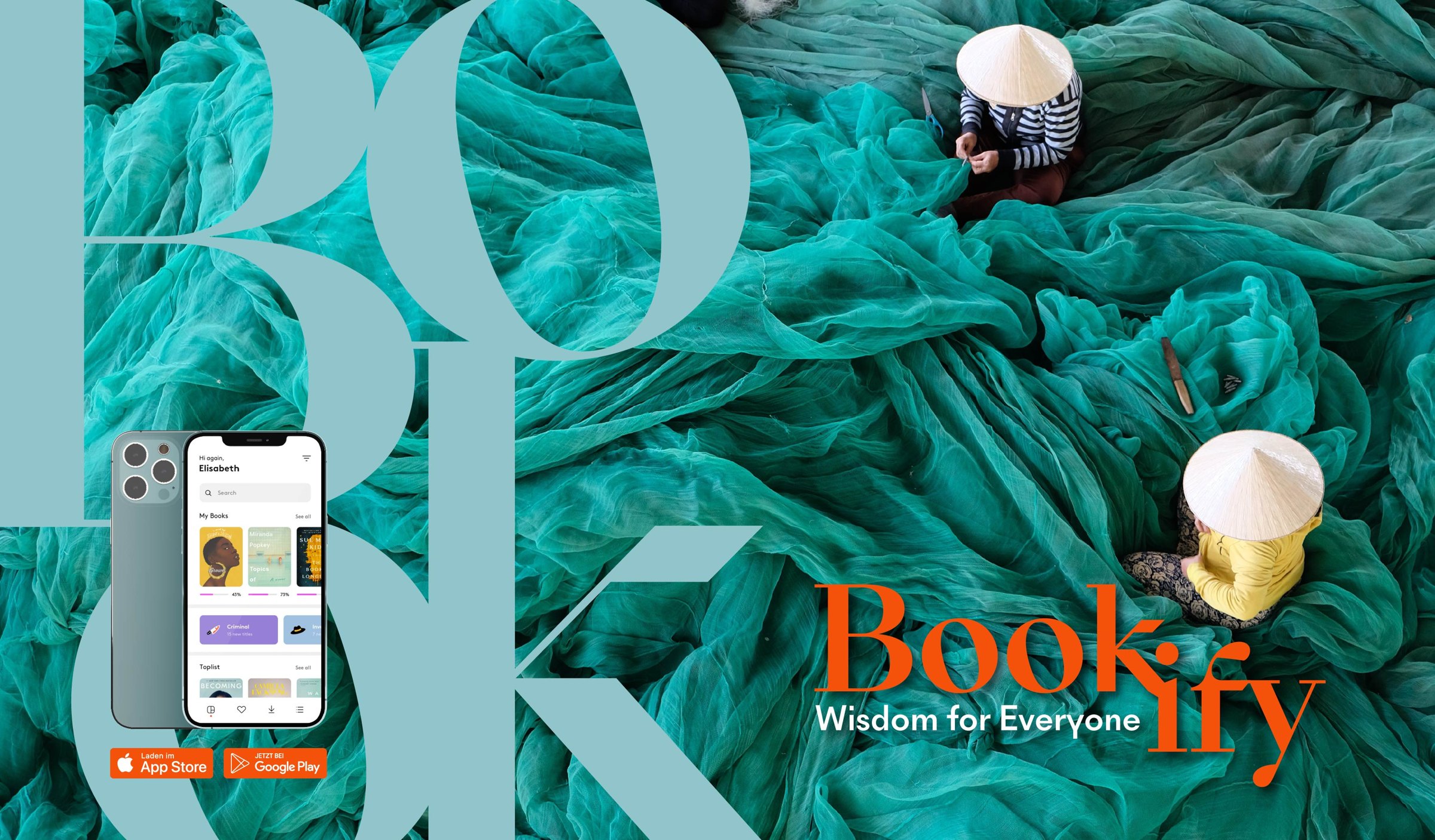 Bookify key visual — fishermen among vivid teal nets under a 'BOOK' monogram, with the app on a phone and the Bookify logotype and app-store badges