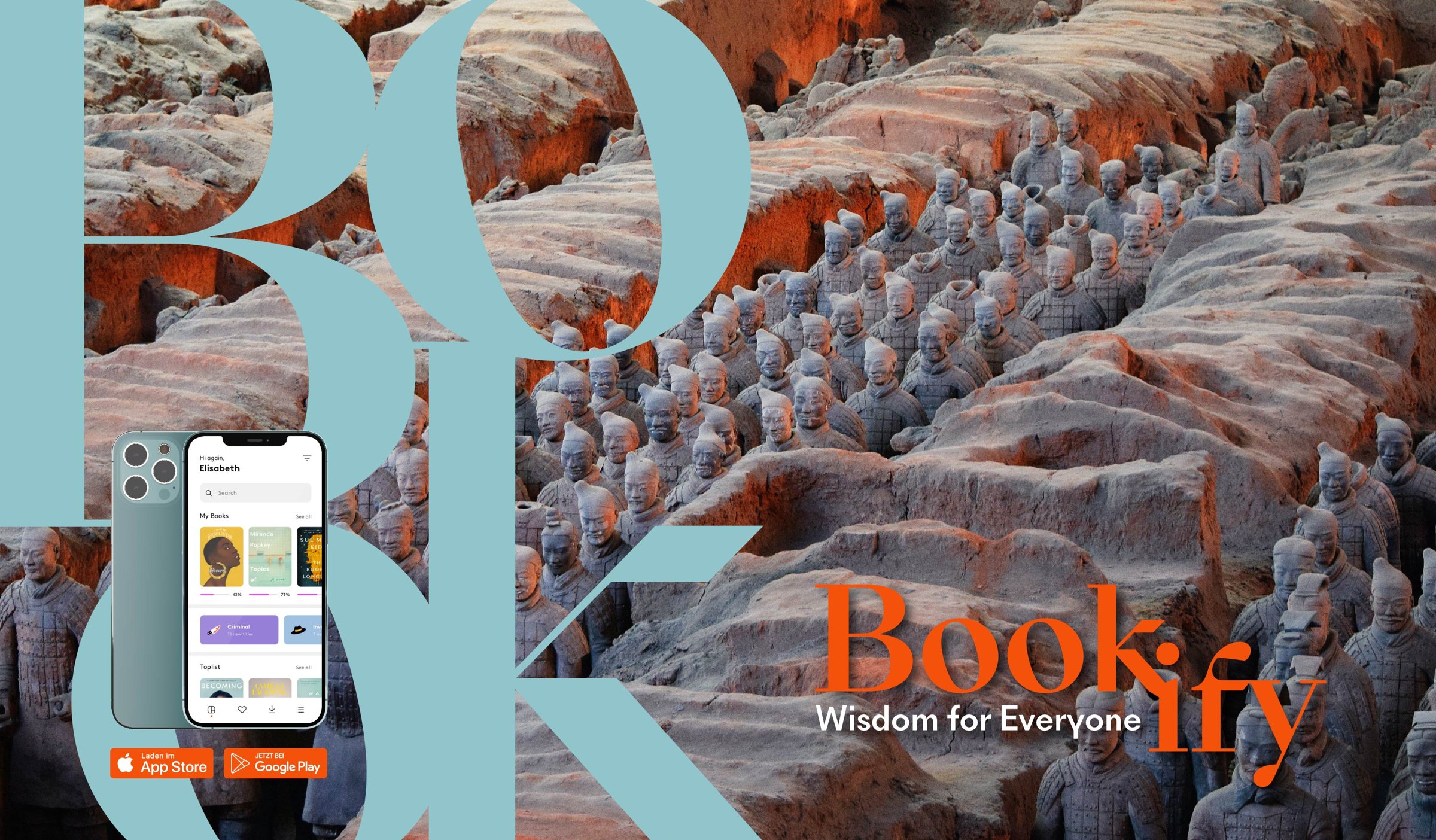 Bookify key visual — the Terracotta Army under a sage 'BOOK' monogram, with the app on a phone and the Bookify logotype, evoking wisdom across the ages