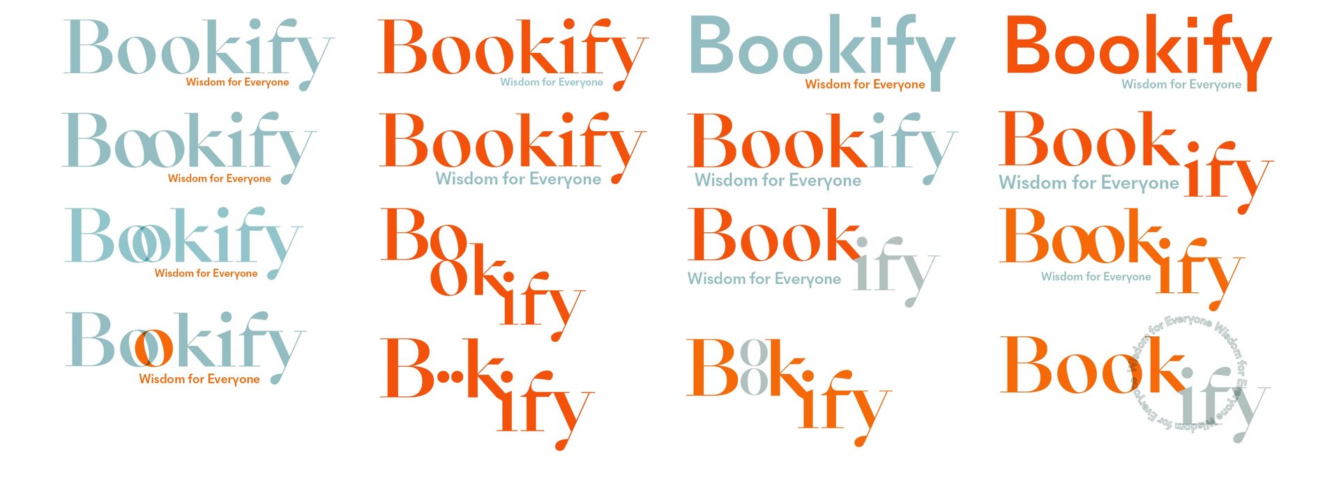 Bookify logo development grid — many wordmark iterations exploring colour combinations, type styles and the treatment of the 'ify'