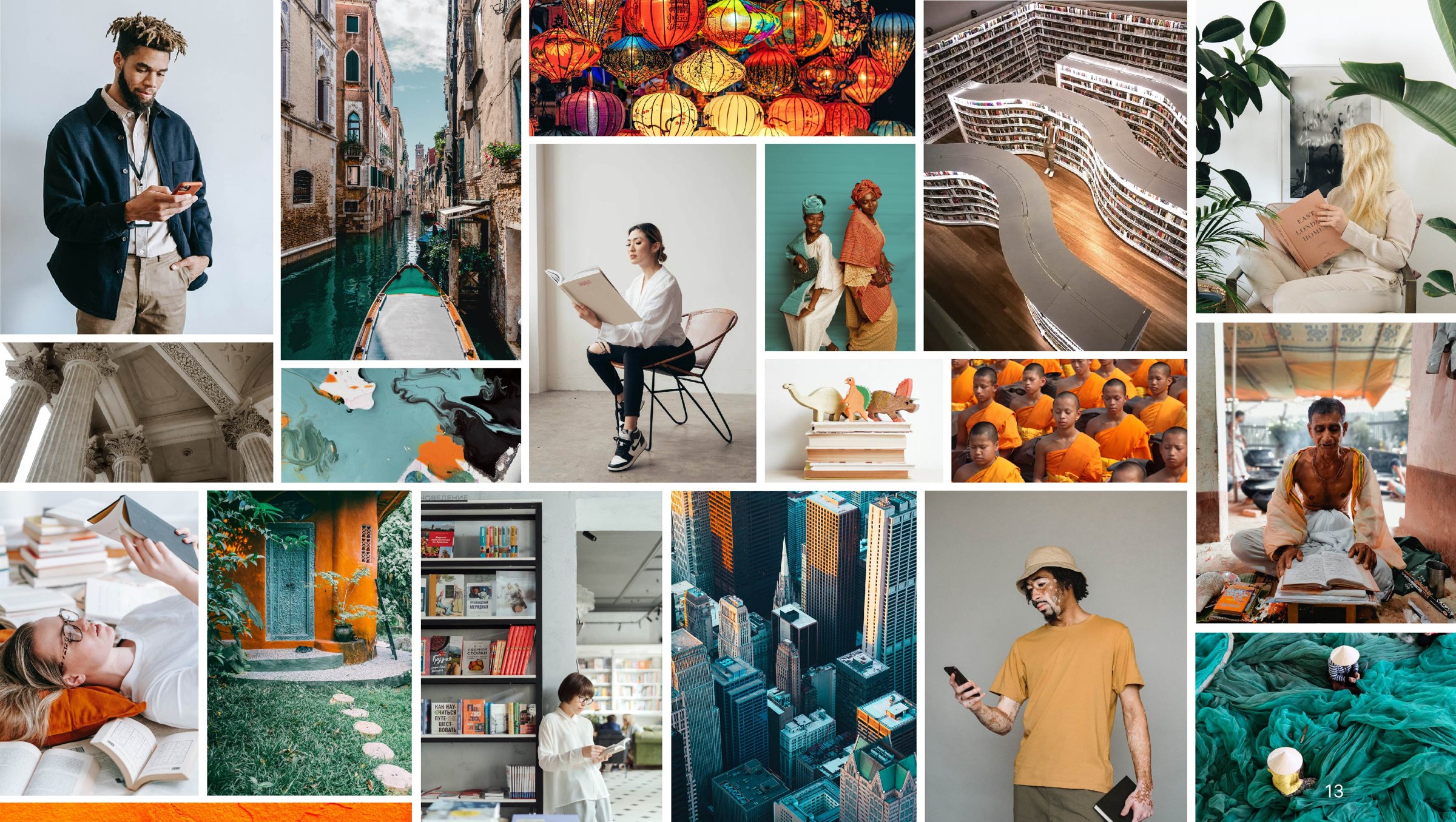 Bookify photography moodboard — a collage of people reading, world culture, architecture, travel, libraries and plants, in brand colours and warm neutrals