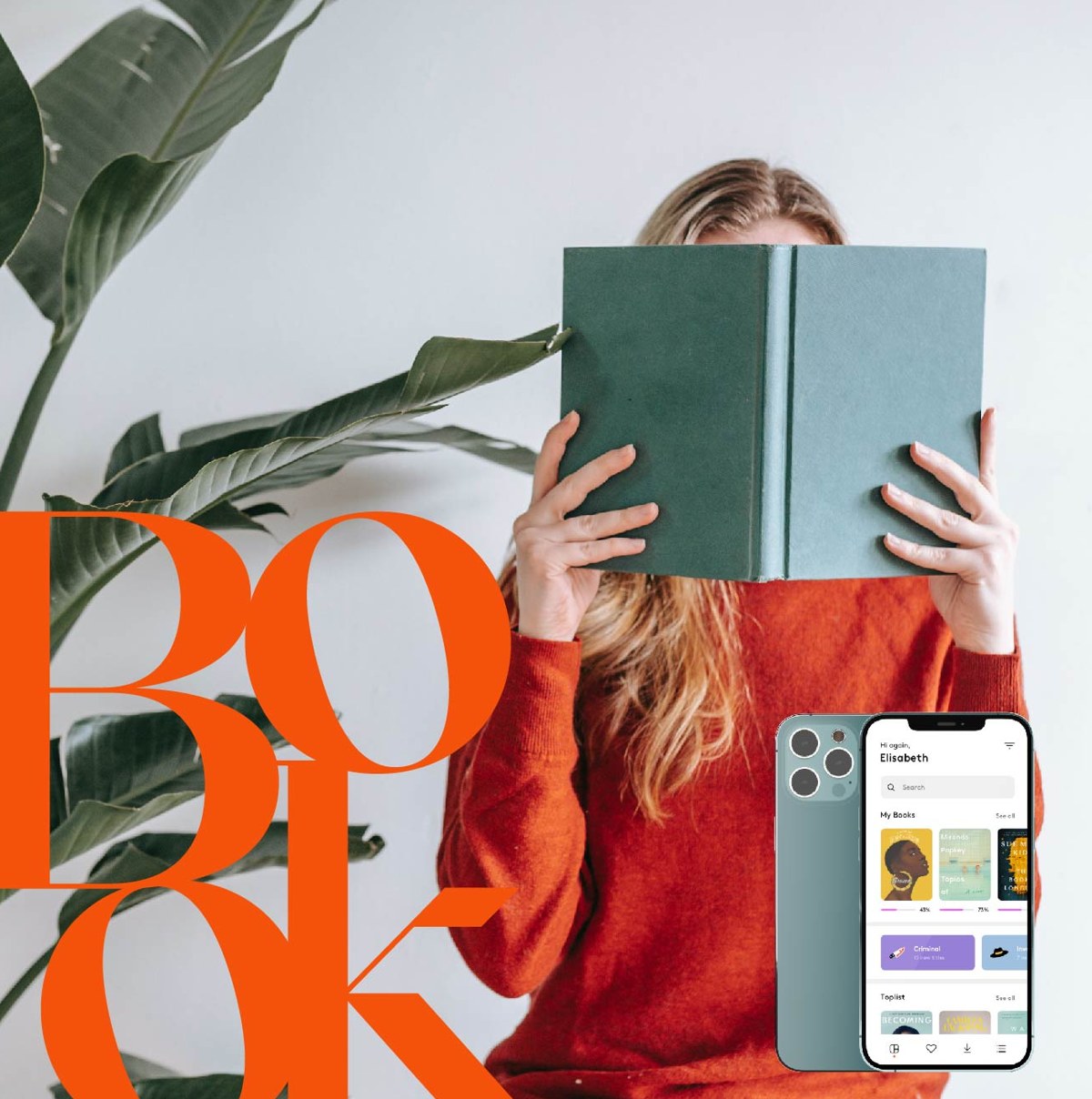 Bookify campaign post — a woman hiding her face behind a green book beside a plant, with the vermilion BOOK key visual and the app on a phone