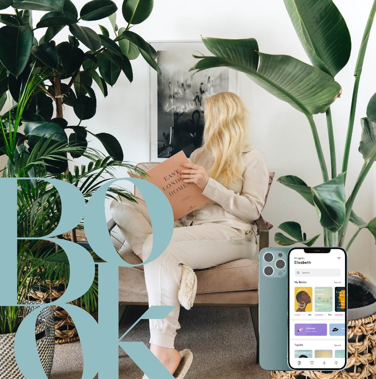 Bookify campaign post — a person reading among houseplants, with the sage BOOK key visual and the app on a phone