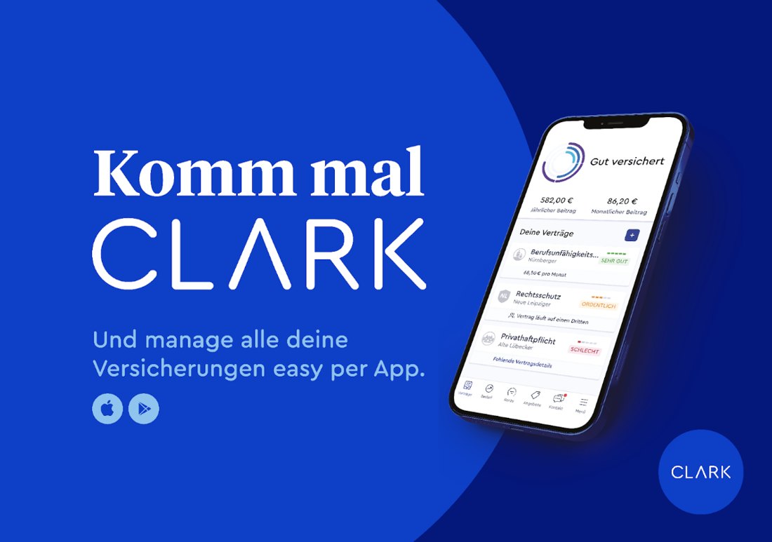 Komm mal CLARK key visual — 'Komm mal CLARK. Und manage alle deine Versicherungen easy per App' with the CLARK app on a phone