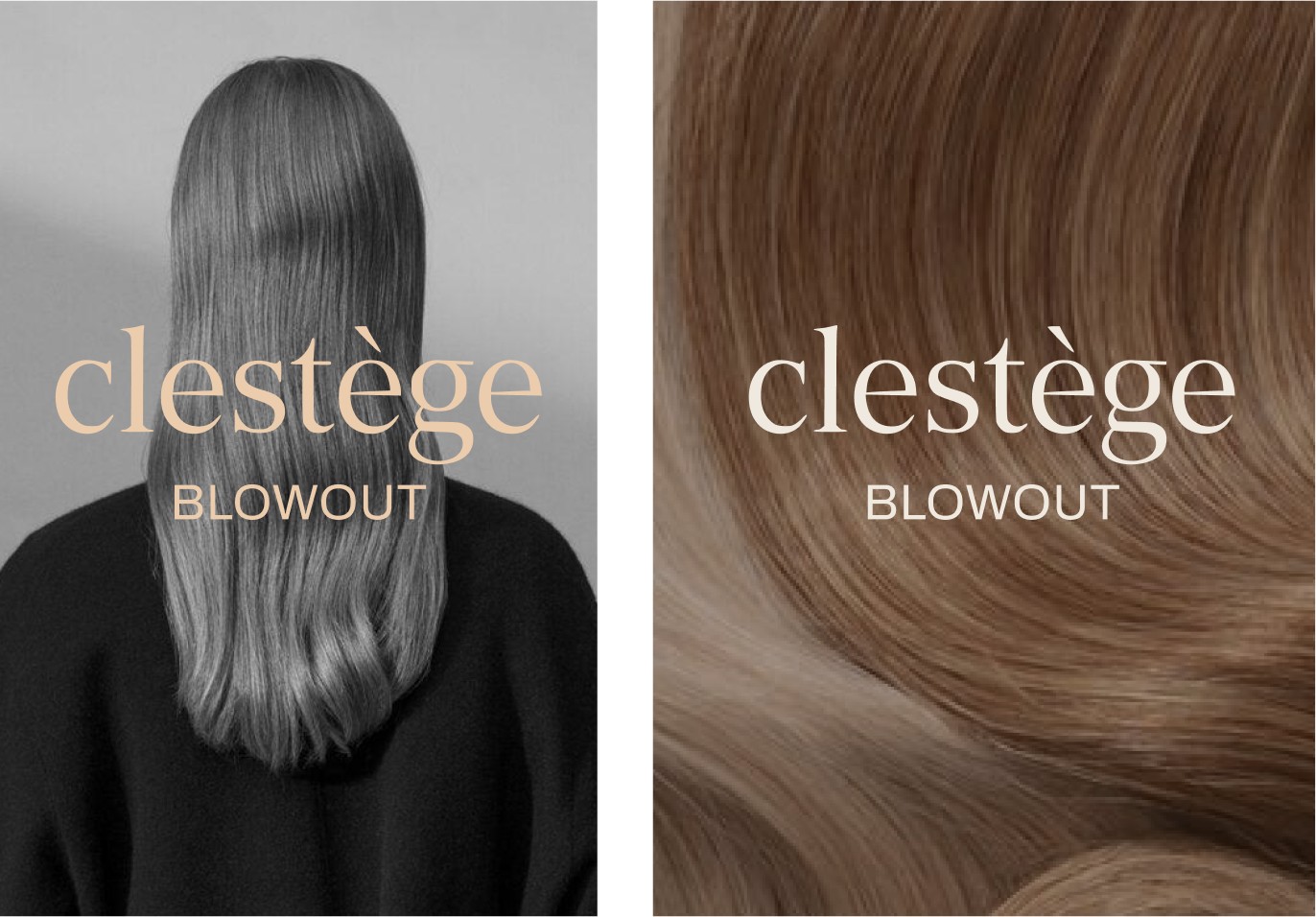 clestège Blowout — the wordmark applied across services and products, shown on editorial hair photography