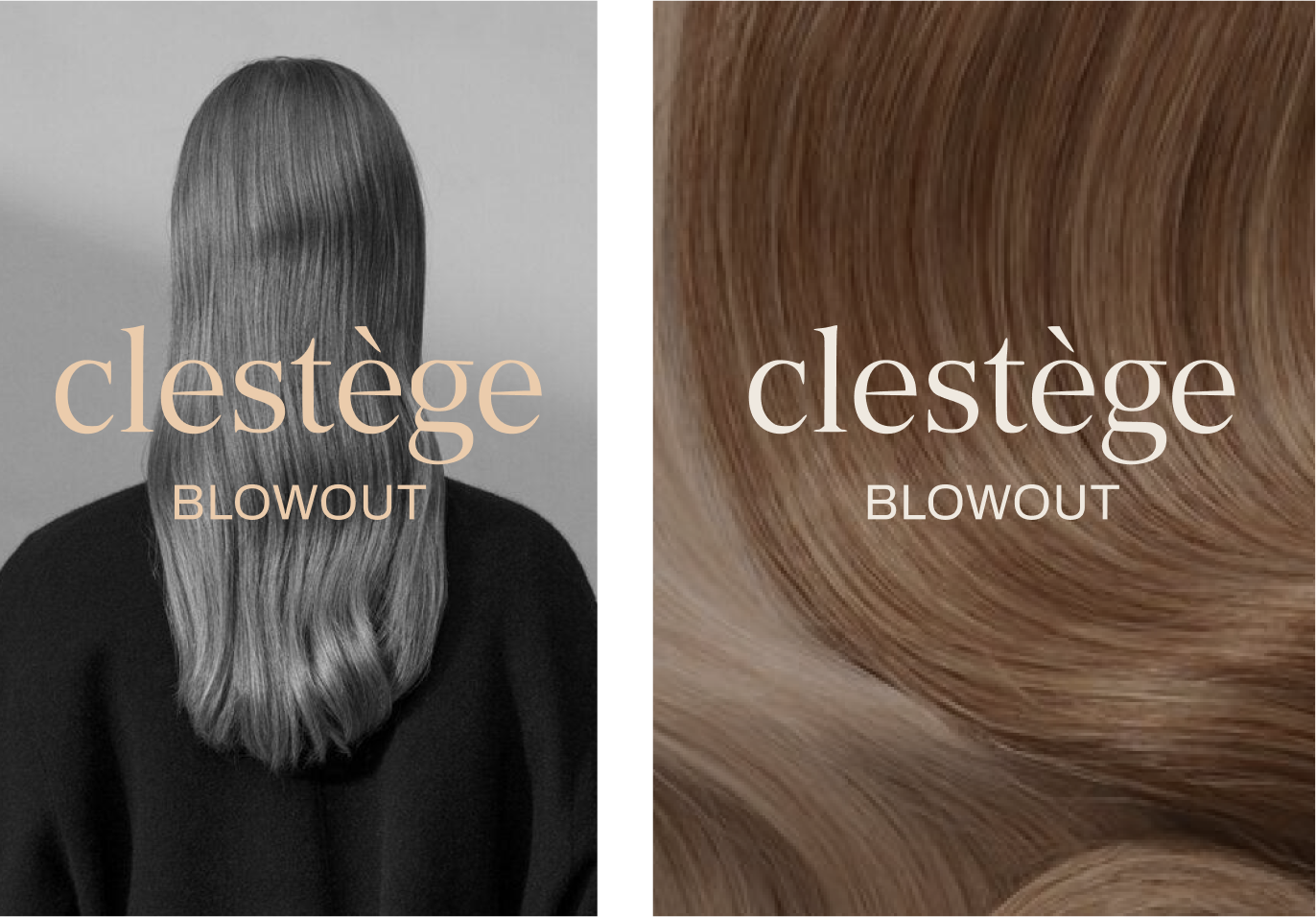 clestège Blowout — the wordmark applied across services and products, shown on editorial hair photography