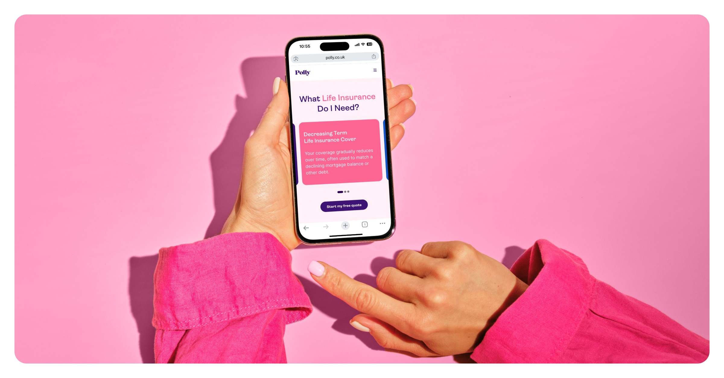 Polly — hands holding phone, pink background