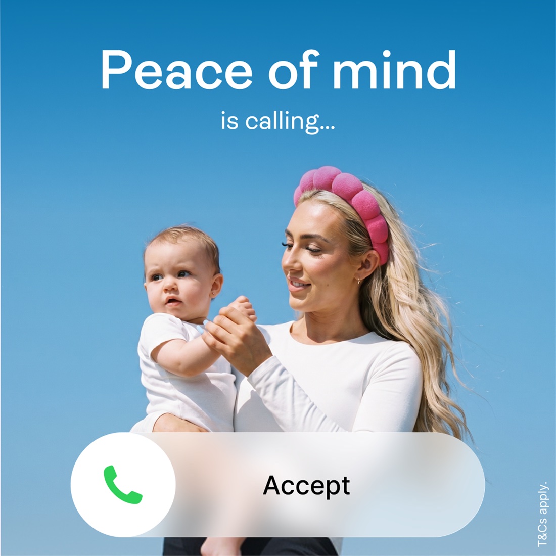 Polly paid ad — 'Peace of mind is calling', mother and baby, incoming-call format