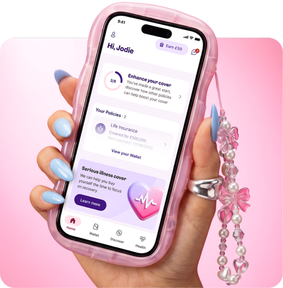 Polly app wallet home screen held in a pink phone case with a beaded charm